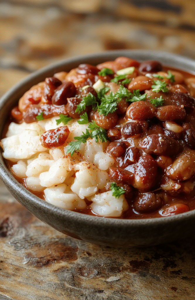 A vibrant bowl of Louisiana red beans and rice, featuring tender red beans mixed with seasoned rice, garnished with green onions and spicy sausage slices, served on a rustic wooden table with colorful Cajun spices scattered around, showing a homestyle and appetizing presentation.