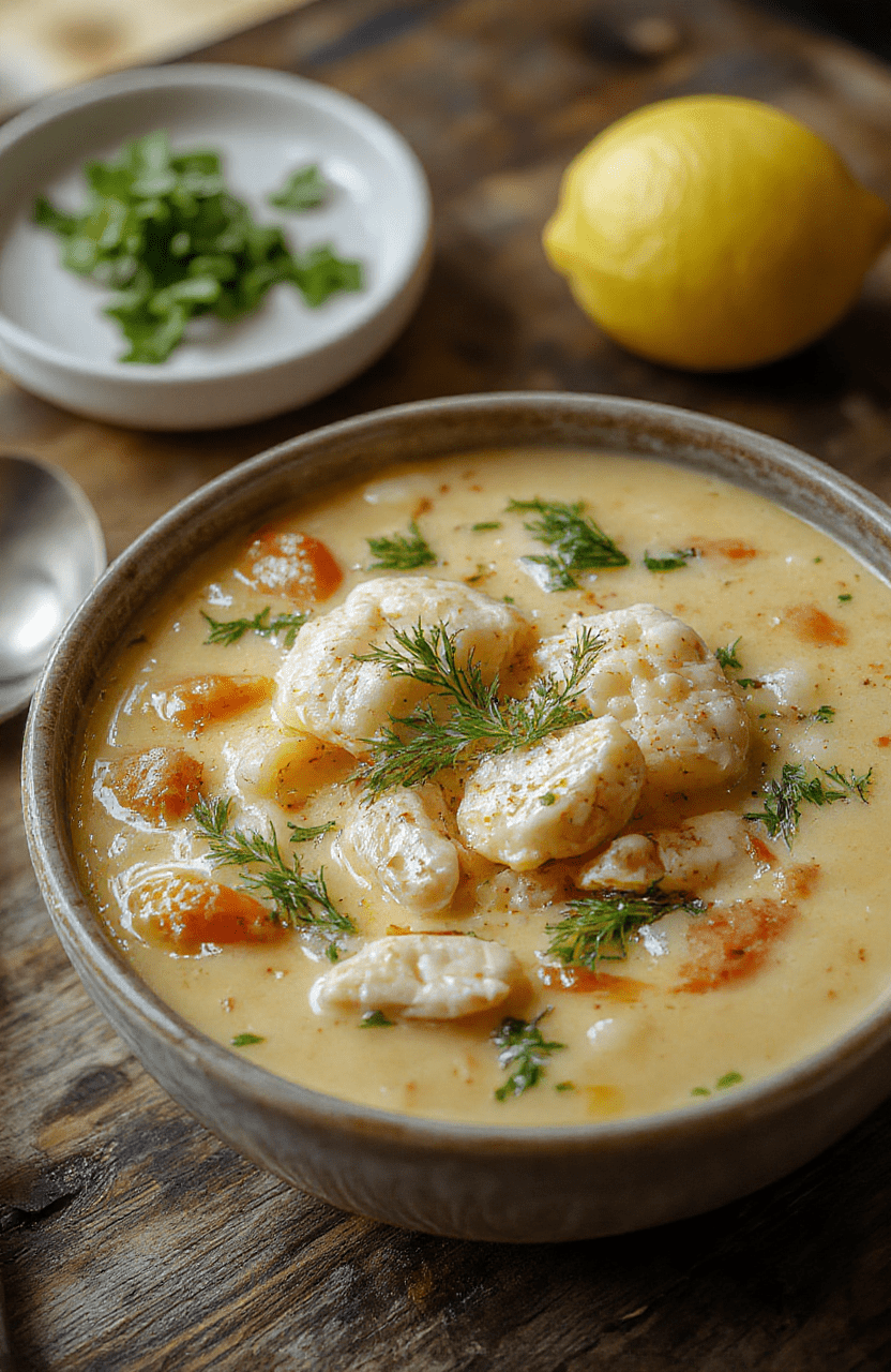 A vibrant bowl of lemon chicken orzo soup featuring tender chicken pieces, creamy orzo, fresh lemon slices, and chopped herbs, beautifully plated on a rustic wooden surface with colorful veggies in the background, highlighting textures and warm colors.
