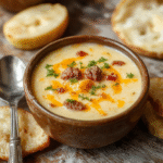 A steaming bowl of cheesy cheesesteak potato soup featuring tender potato chunks, melted cheese, sliced steak, garnished with chopped green onions, served in a rustic white bowl with a spoon on a wooden table, vibrant colors, appetizing and textured.
