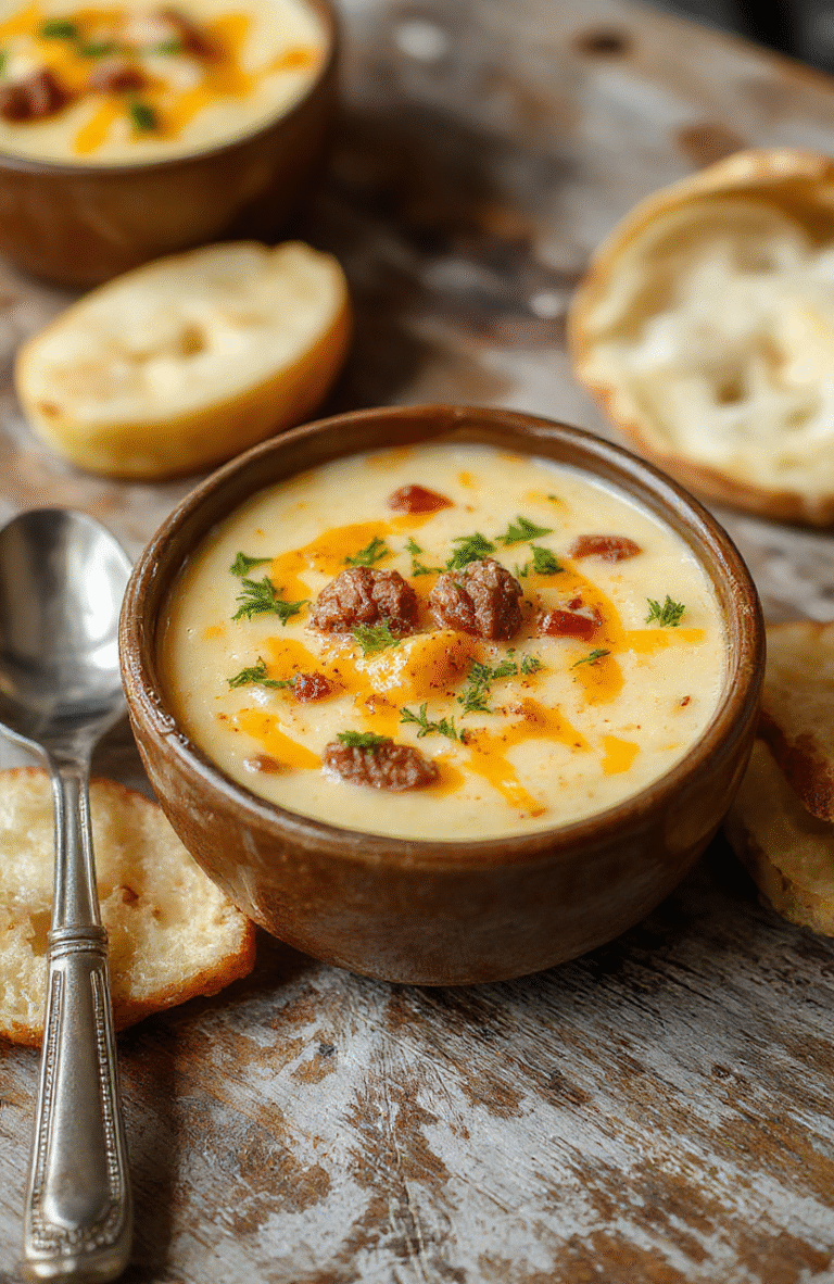 A steaming bowl of cheesy cheesesteak potato soup featuring tender potato chunks, melted cheese, sliced steak, garnished with chopped green onions, served in a rustic white bowl with a spoon on a wooden table, vibrant colors, appetizing and textured.