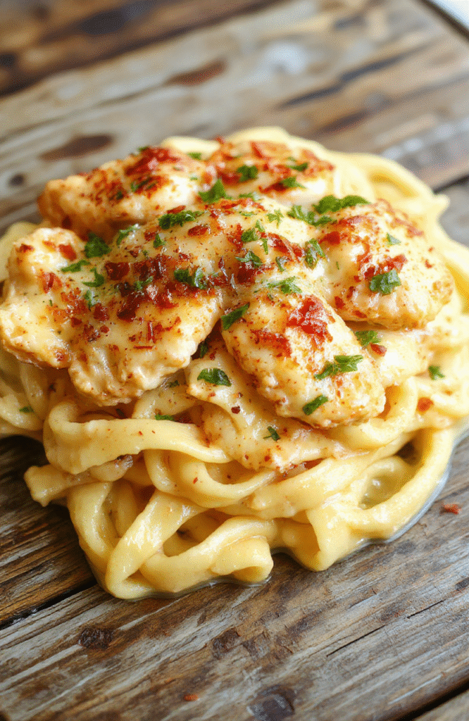 A vibrant plate of cheesy, creamy parmesan chicken pasta with golden-brown chicken pieces, melted cheese, fresh parsley, and al dente pasta, styled on a rustic wooden table with natural daylight highlighting the textures and rich colors.