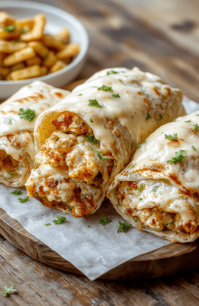 A colorful plate featuring cheesy garlic chicken wraps sliced open to reveal tender chicken, melted cheese, fresh garlic, and herbs, garnished with parsley on a rustic wooden table, styled with natural light emphasizing vibrant textures and golden-brown edges.