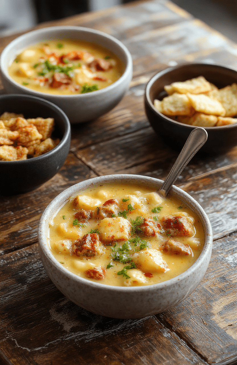 A vibrant bowl of creamy cheeseburger macaroni soup topped with shredded cheese, chopped green onions, and crispy bacon pieces. The soup has a rich, cheesy sauce with tender pasta and ground beef, served in a rustic bowl with a spoon on a wooden table, garnished with fresh herbs for a cozy and inviting presentation.