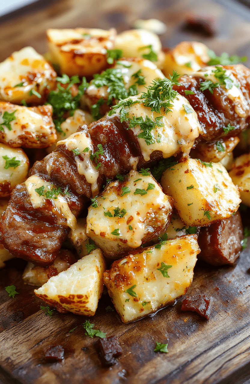 A colorful sheet pan filled with crispy roasted potatoes, slices of smoked sausage, melted cheese, and fresh herbs, styled with a rustic backdrop and natural lighting.
