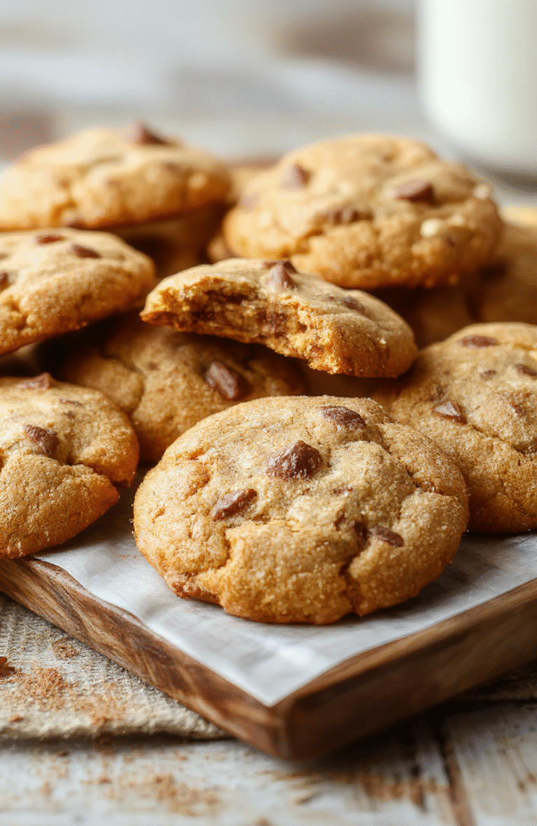 A close-up of chewy pumpkin snickerdoodles coated in cinnamon sugar, golden-brown edges, smooth pumpkin filling, on a rustic wooden plate with fall leaves in the background.
