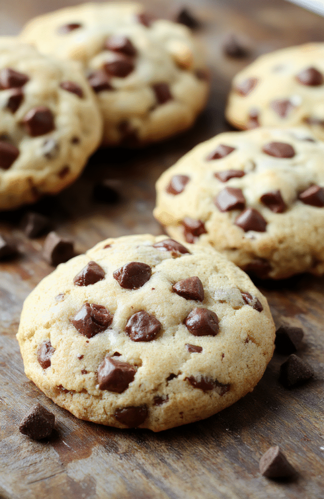 A tray of freshly baked soft chocolate chip cookies with golden edges and melty chocolate chips, arranged on a rustic wooden surface, with some cookies broken open to reveal their gooey centers, styled with a few scattered chocolate chips for a cozy, inviting look.