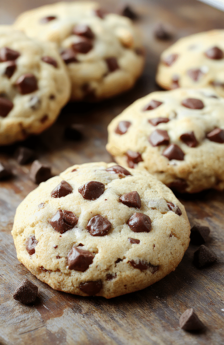 A tray of freshly baked soft chocolate chip cookies with golden edges and melty chocolate chips, arranged on a rustic wooden surface, with some cookies broken open to reveal their gooey centers, styled with a few scattered chocolate chips for a cozy, inviting look.
