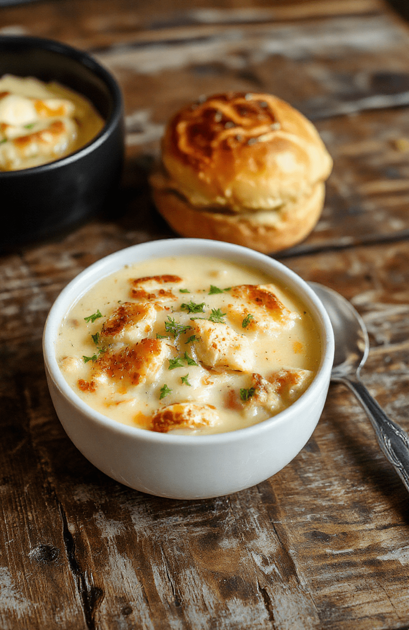 A cozy bowl of chicken pot pie soup garnished with fresh herbs, showcasing tender chicken, vegetables, and flaky pie crust crumbles against a warm table setting, with a rustic bowl and soft natural lighting highlighting the creamy texture.