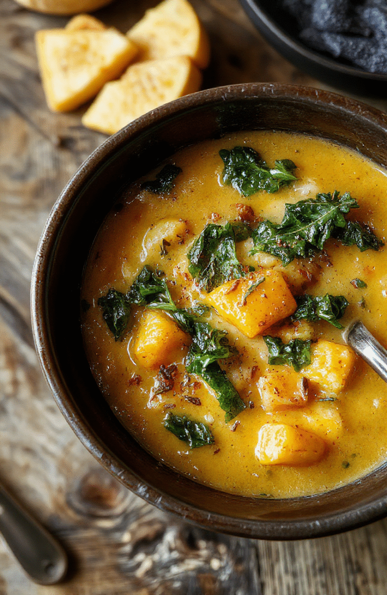 A vibrant bowl of creamy butternut squash, kale, and white beans soup with a drizzle of olive oil and freshly ground black pepper, garnished with chopped herbs, served in a rustic white bowl on a wooden table, with a backdrop of fall-themed décor and natural daylight highlighting the textures.