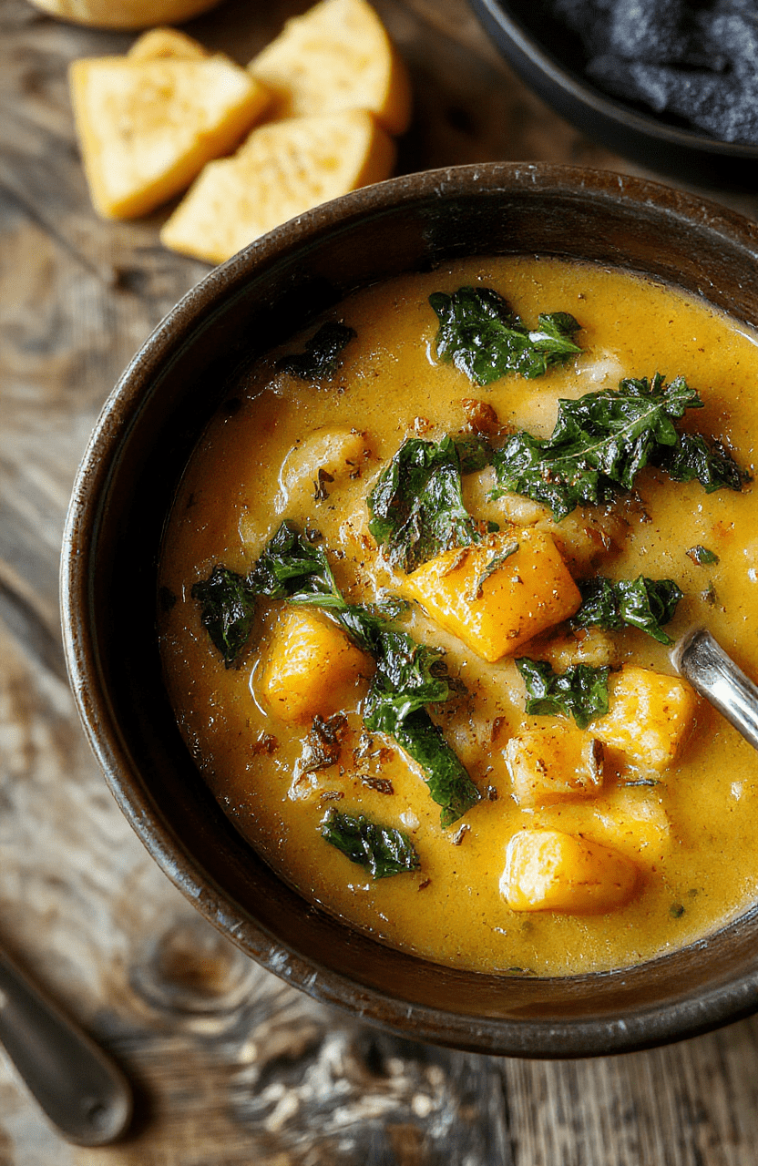 A vibrant bowl of creamy butternut squash, kale, and white beans soup with a drizzle of olive oil and freshly ground black pepper, garnished with chopped herbs, served in a rustic white bowl on a wooden table, with a backdrop of fall-themed décor and natural daylight highlighting the textures.