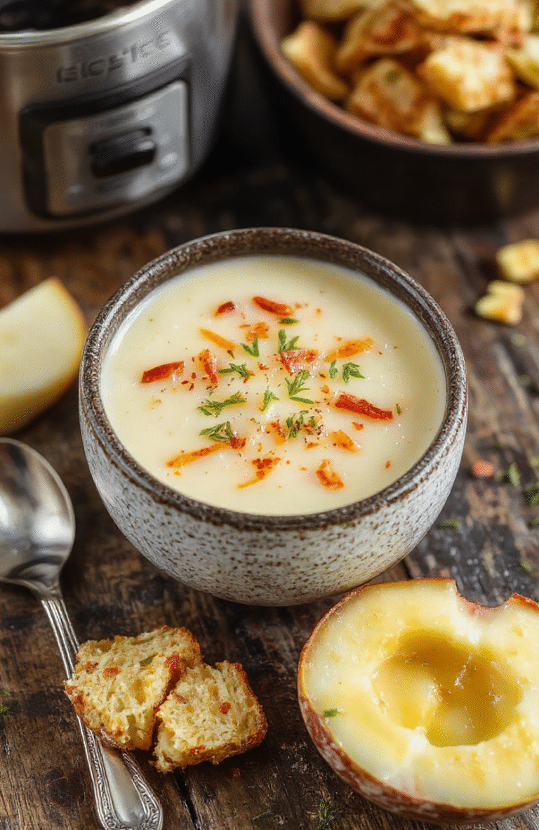A steaming bowl of creamy potato soup with golden-brown crispy bacon bits and chopped chives on top, served in a rustic white bowl on a wooden table, with a spoon resting beside it.