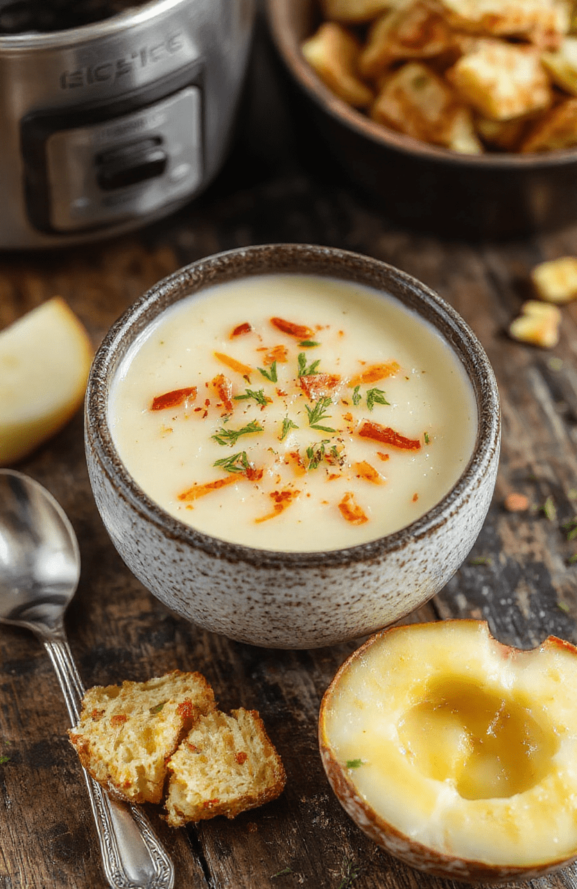 A steaming bowl of creamy potato soup with golden-brown crispy bacon bits and chopped chives on top, served in a rustic white bowl on a wooden table, with a spoon resting beside it.