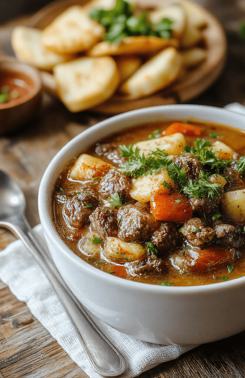 A warm bowl of vegetable beef soup overflowing with tender beef chunks, bright carrots, green beans, potatoes, and a rich broth, garnished with fresh herbs, on a rustic wooden table with a cozy kitchen background.
