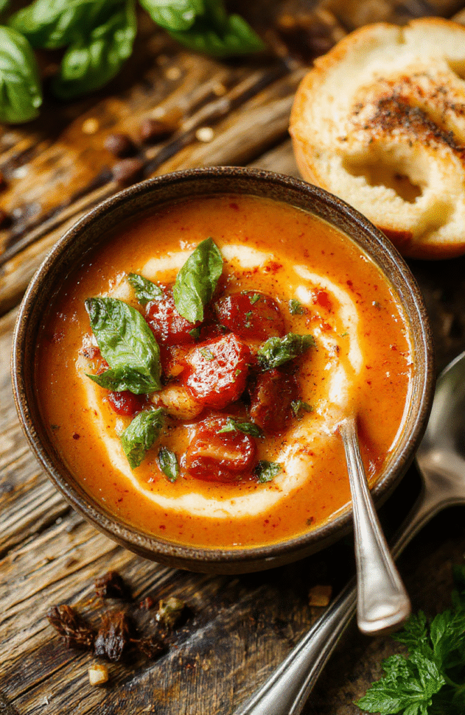 A vibrant bowl of roasted tomato basil soup topped with fresh basil leaves, served in a rustic white bowl on a wooden surface, with steam rising, showing smooth texture and garnished with a drizzle of olive oil and a sprinkle of herbs, styled with a rustic spoon and natural daylight.