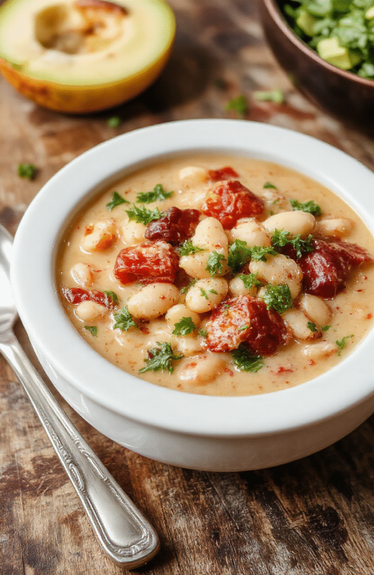 A warm bowl of creamy Tuscan white bean soup garnished with fresh herbs and a drizzle of olive oil, served on a rustic wooden table with crusty bread and vibrant greens for contrast.