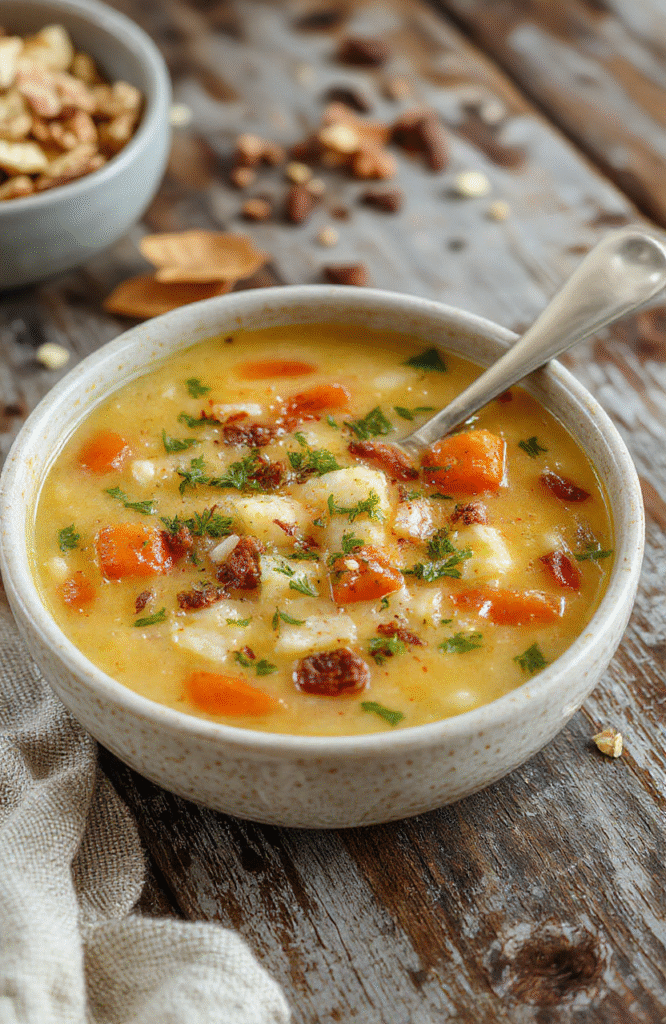 A colorful bowl of hearty wild rice soup topped with fresh herbs, with visible chunks of vegetables and tender rice, surrounded by autumn-themed decor and warm lighting, styled on a rustic wooden table