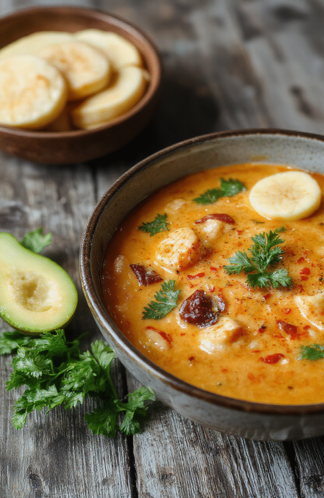 A vibrant bowl of Thai red curry noodle soup featuring tender rice noodles submerged in a rich, red curry broth topped with fresh herbs, sliced red peppers, and a squeeze of lime, styled on a rustic wooden surface with vibrant colors and textured ingredients, beautifully plated with steam rising.