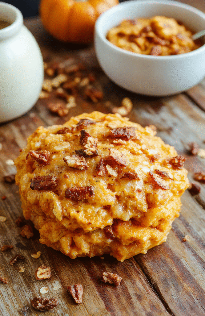 A warm, inviting bowl of pumpkin baked oatmeal topped with whipped cream and cinnamon, with chunks of pumpkin and oats visible, styled on a rustic wooden table with autumn leaves in the background.