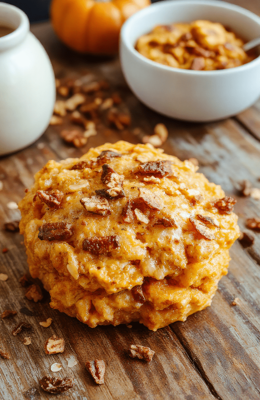 A warm, inviting bowl of pumpkin baked oatmeal topped with whipped cream and cinnamon, with chunks of pumpkin and oats visible, styled on a rustic wooden table with autumn leaves in the background.