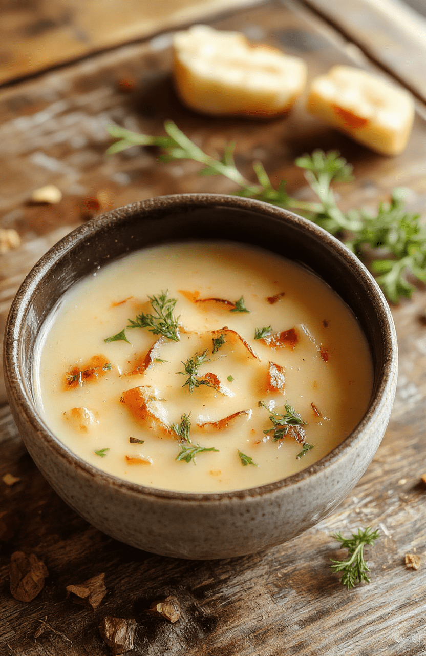 A warm bowl of French onion soup topped with melted golden cheese and toasted baguette slices, garnished with fresh thyme on a rustic wooden table, steam rising visibly creating a cozy and inviting atmosphere, with a background of autumn-themed decor.