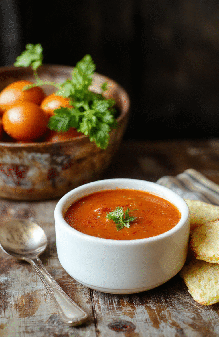 A vibrant bowl of homemade tomato soup garnished with fresh basil on a rustic wooden table, steam rising, with a side of crusty bread and a spoon, styled simply with natural light highlighting the rich red color and velvety texture.