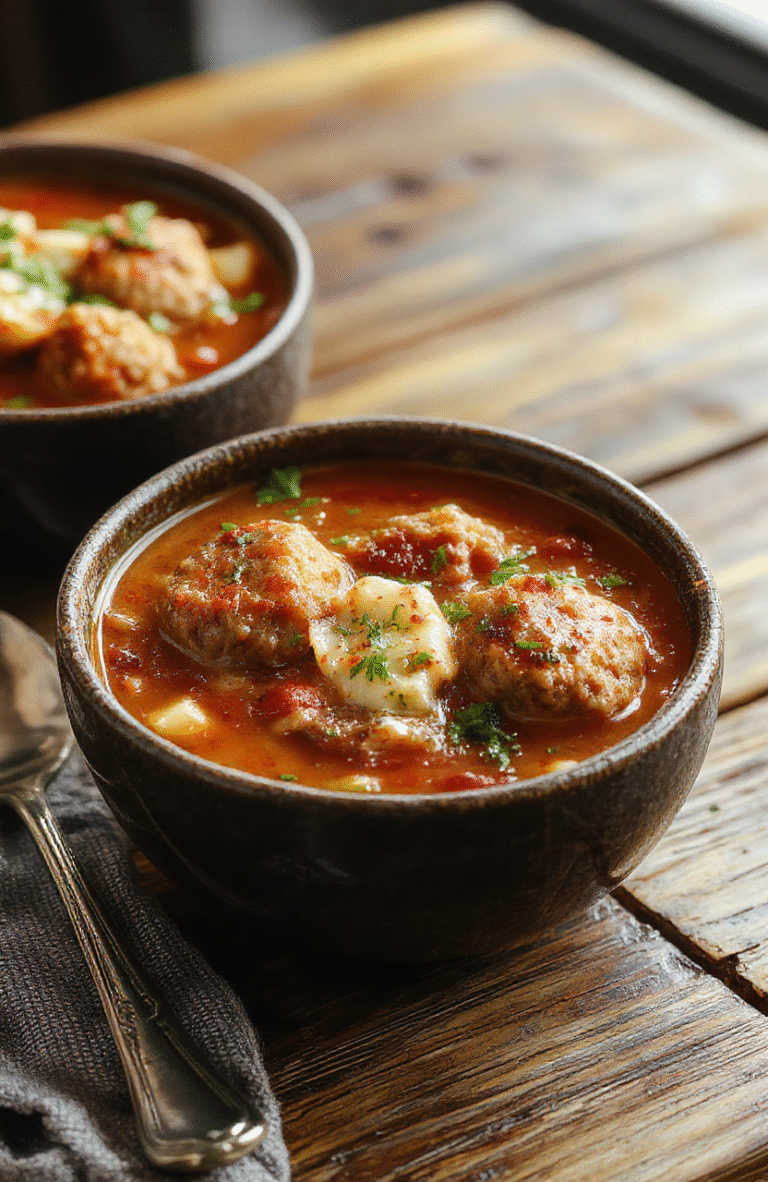 A vibrant bowl of Italian meatball soup featuring tender meatballs, rich tomato broth, fresh herbs, and melted cheese garnished with basil, served in a rustic ceramic bowl with a background of warm bread and basil leaves, showcasing textures and colorful ingredients.
