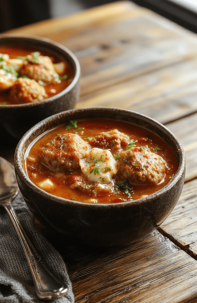 A vibrant bowl of Italian meatball soup featuring tender meatballs, rich tomato broth, fresh herbs, and melted cheese garnished with basil, served in a rustic ceramic bowl with a background of warm bread and basil leaves, showcasing textures and colorful ingredients.