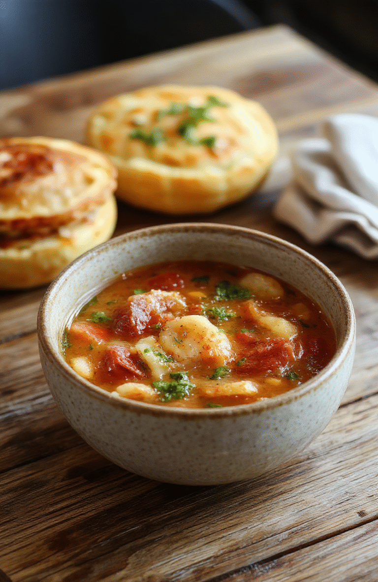 A rustic bowl of vibrant minestrone soup filled with colorful vegetables, beans, and pasta, garnished with fresh herbs, on a wooden table with a bread roll beside it, styled in natural light, showcasing textures and warm tones.