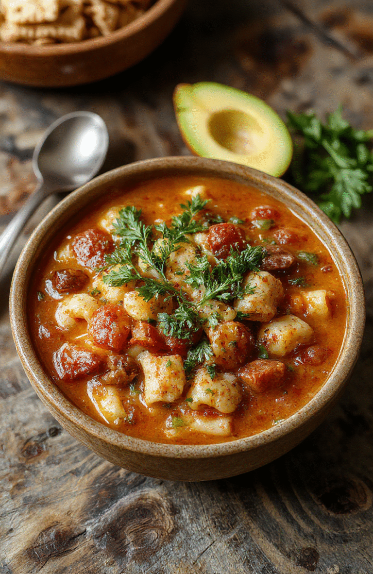 A warm bowl of pasta fagioli soup with colorful vegetables, cannellini beans, and small pasta, garnished with fresh herbs, styled on a rustic wooden table with a spoon and bread in the background.