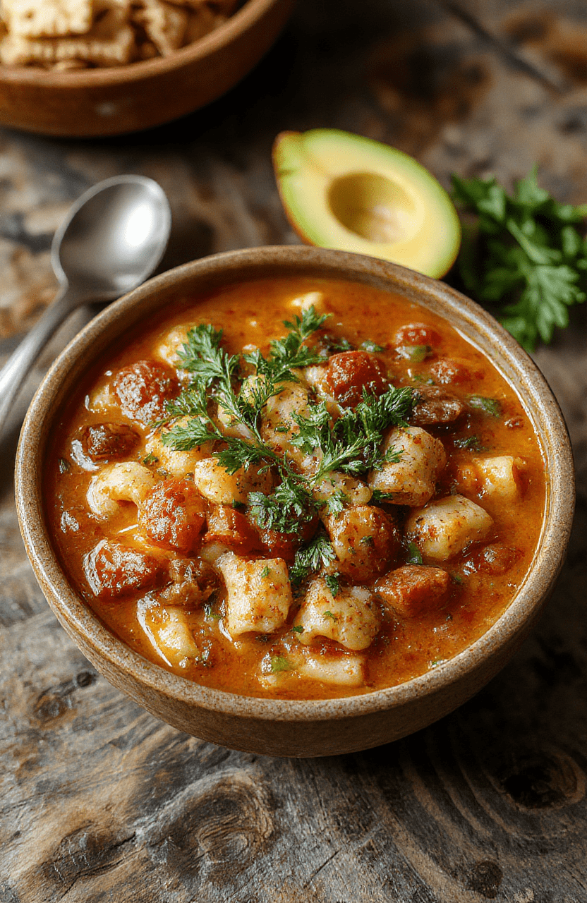 A warm bowl of pasta fagioli soup with colorful vegetables, cannellini beans, and small pasta, garnished with fresh herbs, styled on a rustic wooden table with a spoon and bread in the background.