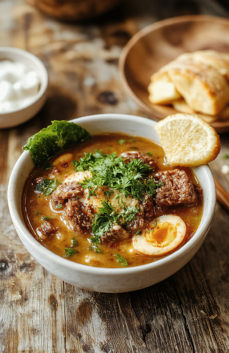 A steaming bowl of beef ramen topped with sliced beef, green onions, and soft-boiled eggs, surrounded by chopsticks and a rustic wooden table, highlighting rich broth and vibrant colors.