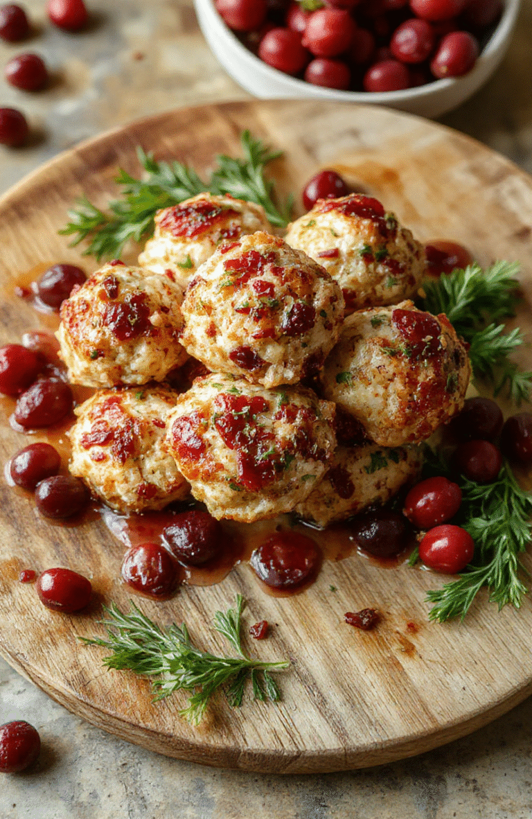 Colorful cranberry turkey stuffing balls arranged on a rustic wooden plate, surrounded by fresh cranberries, herbs, and a drizzle of sauce; textures are crispy on the outside and moist inside, styled with holiday-themed accents and natural lighting.