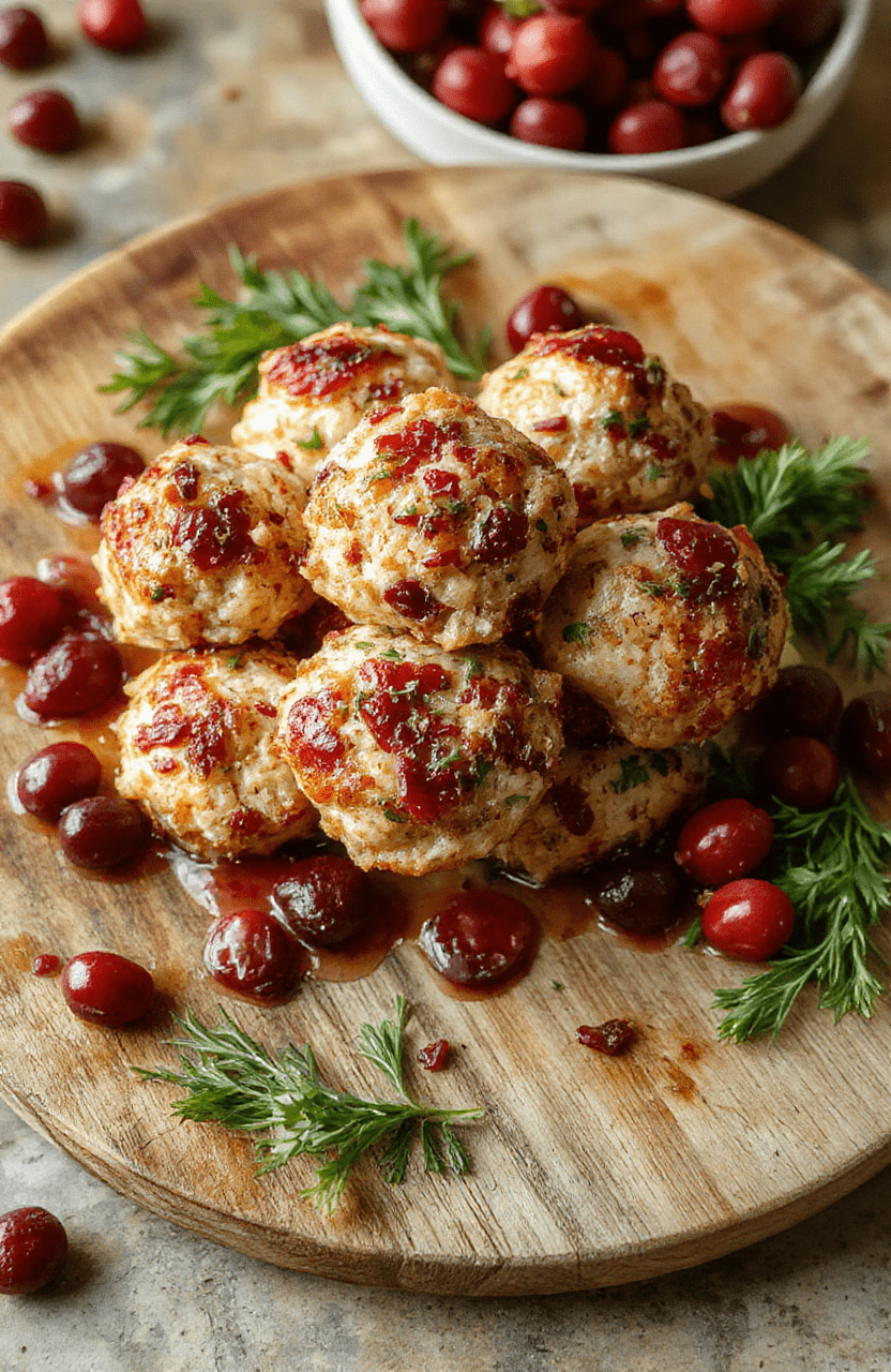 Colorful cranberry turkey stuffing balls arranged on a rustic wooden plate, surrounded by fresh cranberries, herbs, and a drizzle of sauce; textures are crispy on the outside and moist inside, styled with holiday-themed accents and natural lighting.