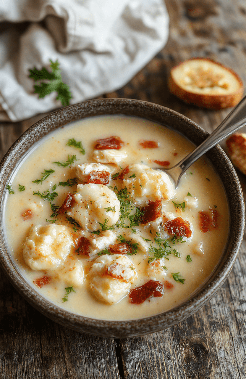 A comforting bowl of creamy chicken bacon gnocchi soup featuring tender gnocchi, crispy bacon crumbles, shredded chicken, and fresh herbs, served in a rustic white bowl on a wooden table, with a warm, inviting atmosphere and natural daylight highlighting the rich textures and creamy consistency.