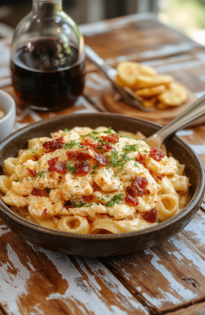 A vibrant plate of creamy chicken bacon ranch pasta featuring tender pasta coated in a rich, cheesy sauce with crispy bacon bits, garnished with chopped herbs, served on a rustic wooden table with a sprinkle of freshly ground pepper and a side of fresh greens.