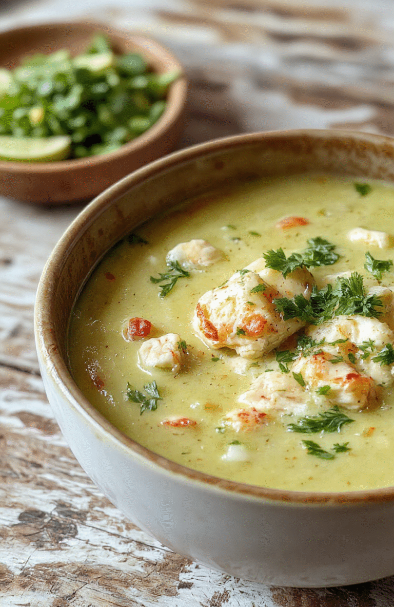A vibrant bowl of creamy green chicken enchilada soup garnished with fresh cilantro and shredded cheese, served in a rustic white bowl on a wooden surface with a spoon and fresh ingredients surrounding, showcasing the rich textures and inviting colors.