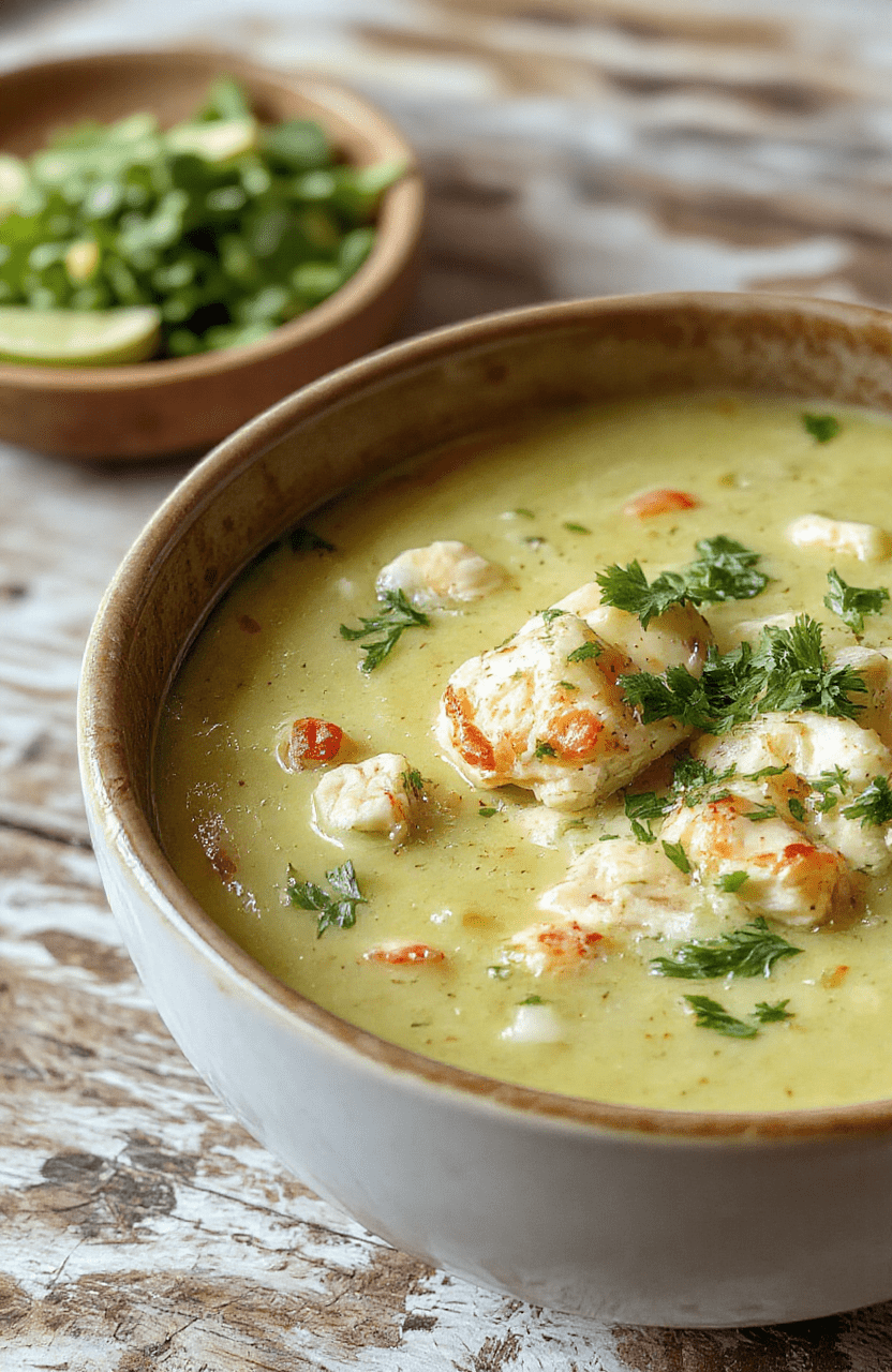 A vibrant bowl of creamy green chicken enchilada soup garnished with fresh cilantro and shredded cheese, served in a rustic white bowl on a wooden surface with a spoon and fresh ingredients surrounding, showcasing the rich textures and inviting colors.
