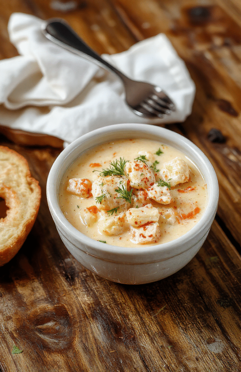 A vibrant bowl of creamy chicken pasta soup featuring tender shredded chicken, al dente pasta, and a rich, velvety broth, garnished with fresh herbs and a sprinkle of cheese, presented on a rustic wooden table with warm lighting.