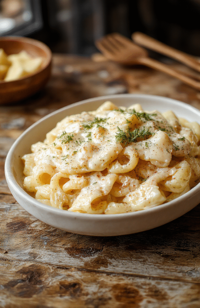 A close-up of a white bowl filled with creamy fettuccine Alfredo, topped with freshly grated Parmesan cheese and chopped parsley, set on a rustic wooden table with a drizzle of olive oil, vibrant green herbs, and golden pasta textures.