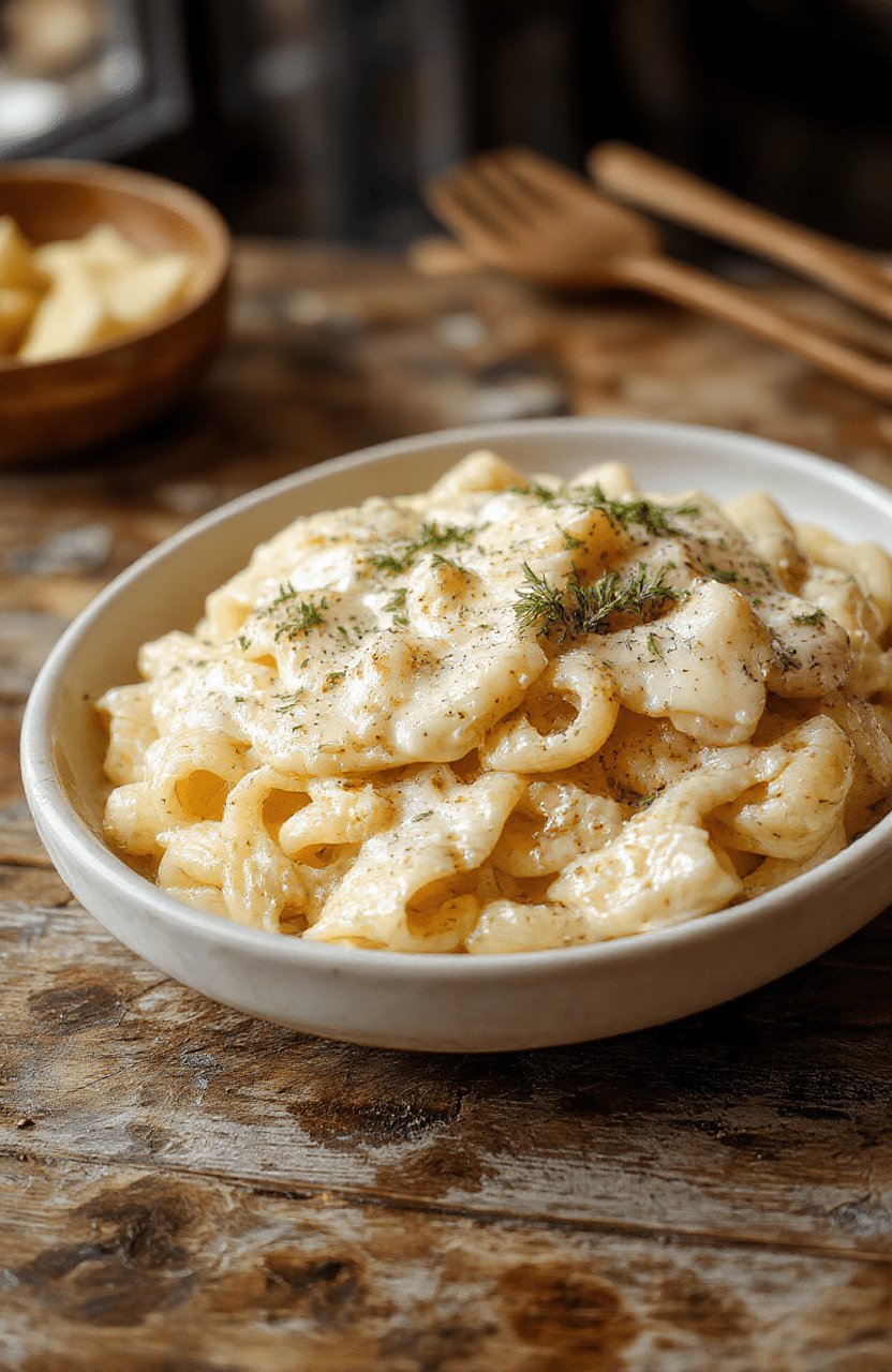 A close-up of a white bowl filled with creamy fettuccine Alfredo, topped with freshly grated Parmesan cheese and chopped parsley, set on a rustic wooden table with a drizzle of olive oil, vibrant green herbs, and golden pasta textures.