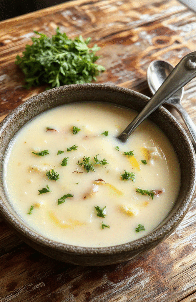 A bowl of rich creamy French garlic soup garnished with toasted croutons and fresh herbs on a rustic wooden table, with a spoon resting beside, showcasing a smooth velvety texture and golden garlic croutons, styled in a cozy and inviting setting.
