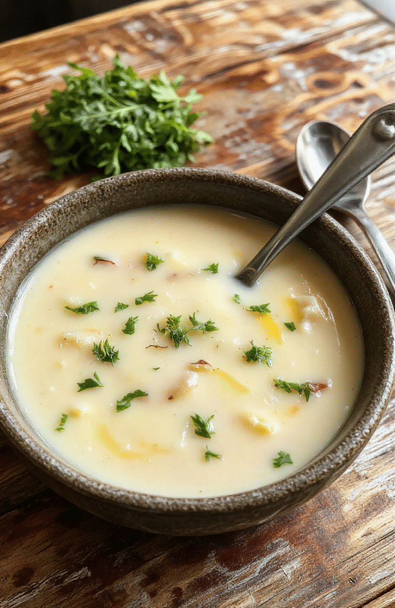 A bowl of rich creamy French garlic soup garnished with toasted croutons and fresh herbs on a rustic wooden table, with a spoon resting beside, showcasing a smooth velvety texture and golden garlic croutons, styled in a cozy and inviting setting.