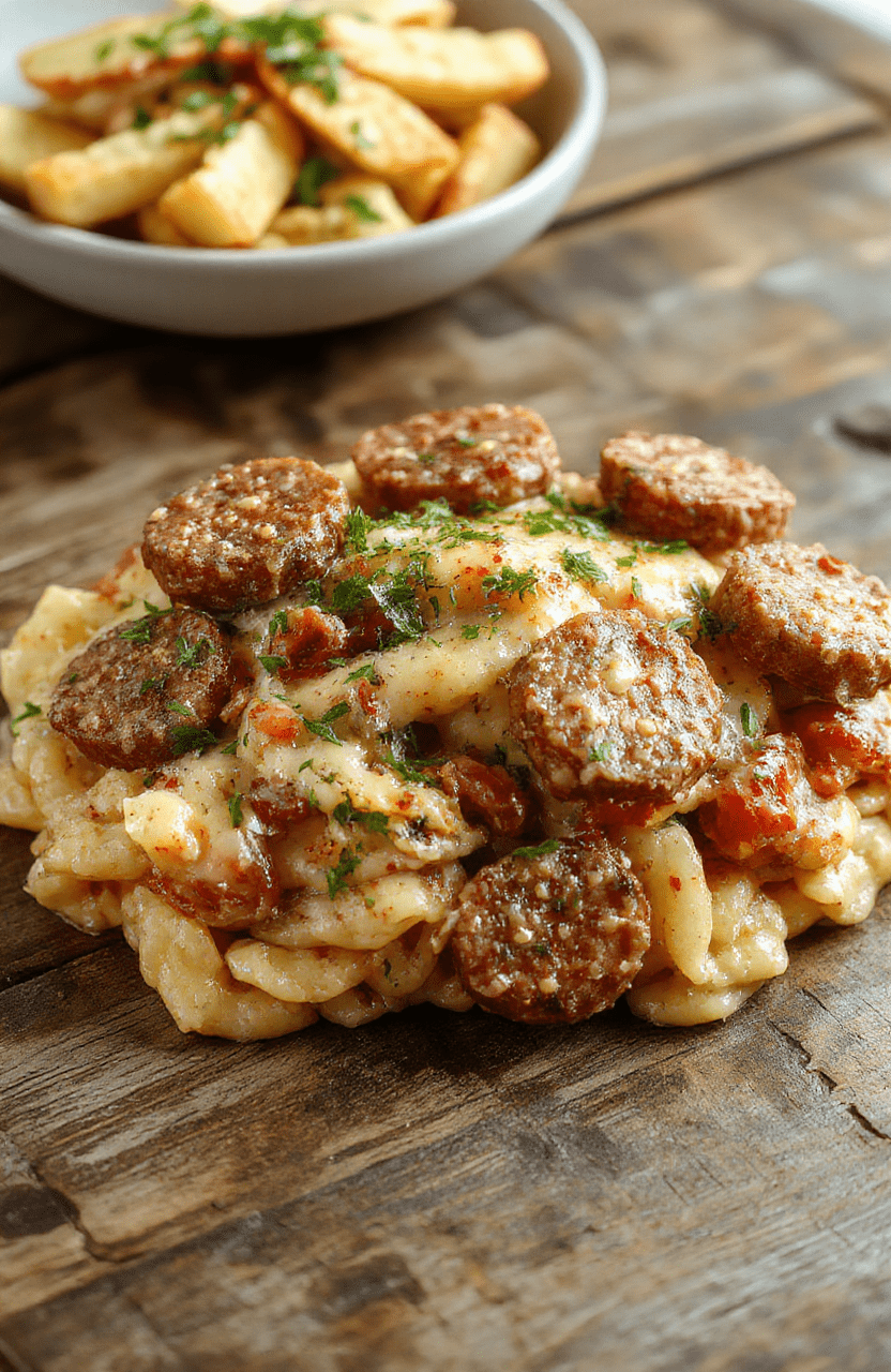 A vibrant bowl of creamy Italian sausage orzo topped with fresh herbs, showcasing tender sausage, al dente orzo, and a rich, creamy sauce, styled simply on a rustic wooden table with a sprinkle of Parmesan cheese and chopped parsley.