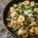 A vibrant skillet of creamy parmesan spinach mushroom pasta with tender sliced mushrooms, fresh bright green spinach, and melted cheese, served on a rustic white plate with a sprinkle of parmesan and black pepper, styled casually on a wooden surface with natural light.