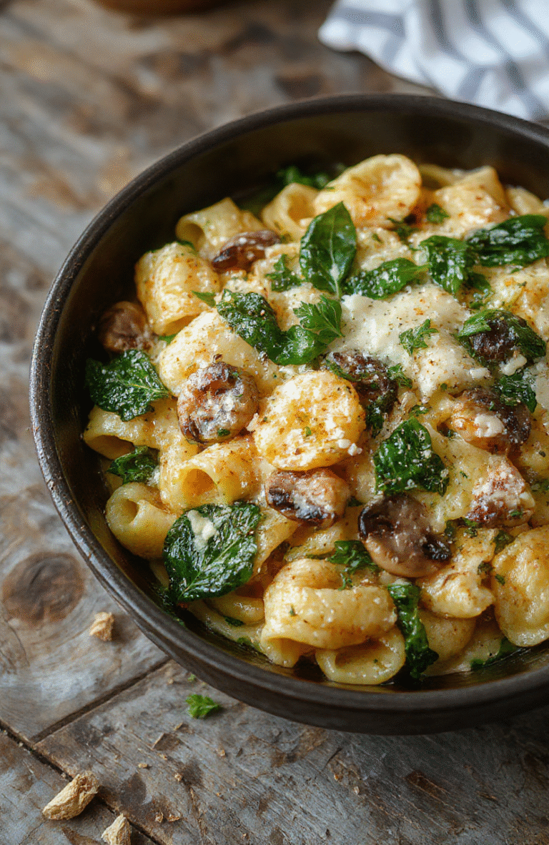 A vibrant skillet of creamy parmesan spinach mushroom pasta with tender sliced mushrooms, fresh bright green spinach, and melted cheese, served on a rustic white plate with a sprinkle of parmesan and black pepper, styled casually on a wooden surface with natural light.