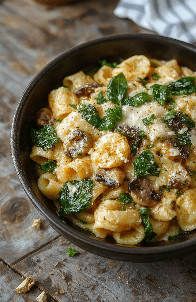 A vibrant skillet of creamy parmesan spinach mushroom pasta with tender sliced mushrooms, fresh bright green spinach, and melted cheese, served on a rustic white plate with a sprinkle of parmesan and black pepper, styled casually on a wooden surface with natural light.