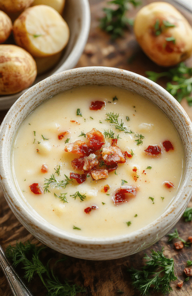 A rustic white bowl filled with steaming creamy potato soup topped with chopped green herbs, golden crispy bacon bits, and a swirl of cream, placed on a wooden table with a linen napkin, surrounded by fresh potatoes and herbs, capturing textures and warm inviting colors.