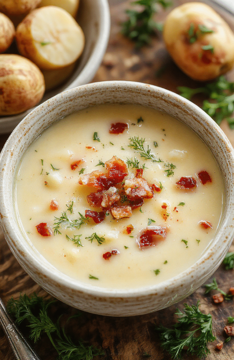 A rustic white bowl filled with steaming creamy potato soup topped with chopped green herbs, golden crispy bacon bits, and a swirl of cream, placed on a wooden table with a linen napkin, surrounded by fresh potatoes and herbs, capturing textures and warm inviting colors.