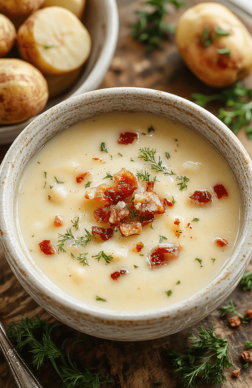 A rustic white bowl filled with steaming creamy potato soup topped with chopped green herbs, golden crispy bacon bits, and a swirl of cream, placed on a wooden table with a linen napkin, surrounded by fresh potatoes and herbs, capturing textures and warm inviting colors.