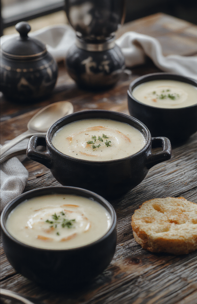 A warm, inviting bowl of creamy potato soup garnished with chopped chives and a dollop of sour cream, served on a rustic wooden table with a spoon and fresh herbs, highlighting rich textures and vibrant colors in natural daylight.